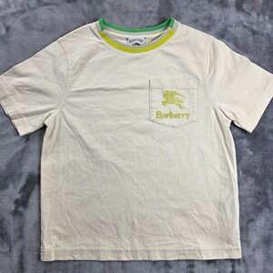 Burberry T-Shirt Kids 6Y Cream Green Yellow Striped Neck Logo Pocket Tee